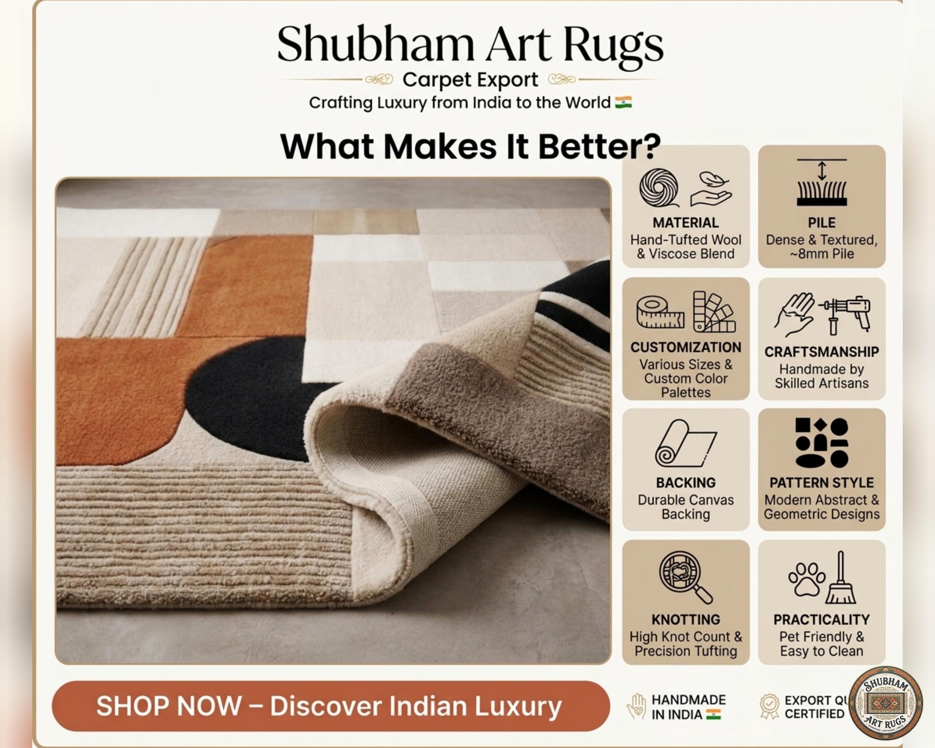 Hand Tufted Wool Rug, Modern Abstract Geometric Beige Terracotta Black Carpet