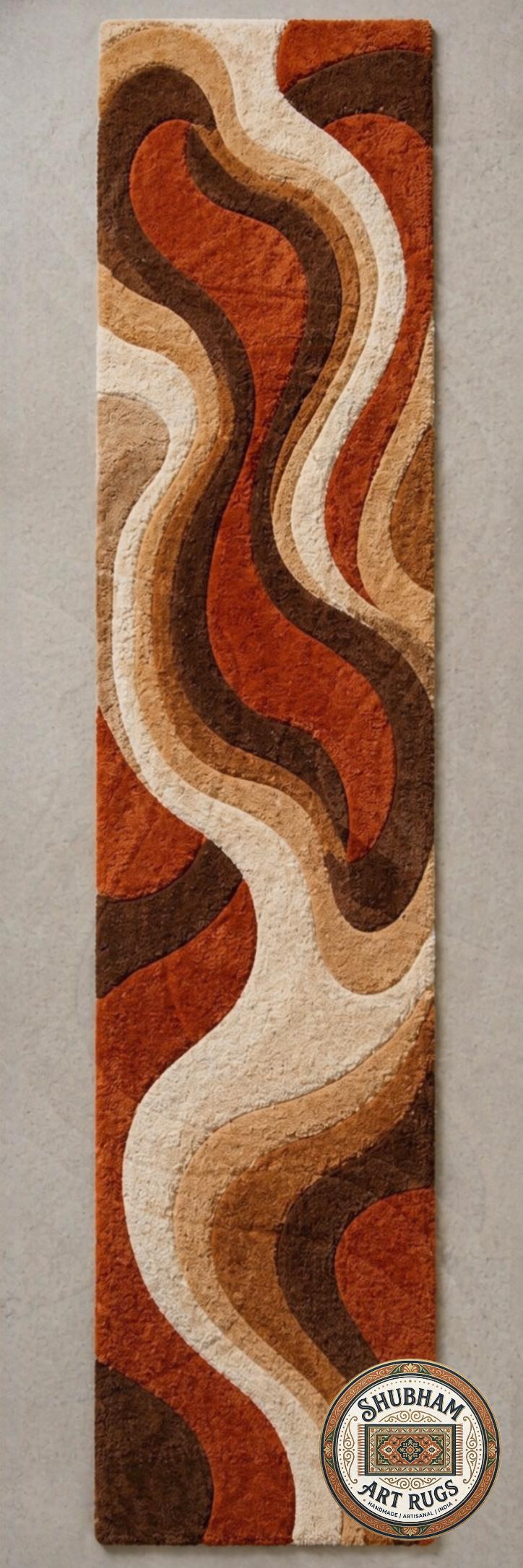 Hand Tufted Wool Rug: Retro Wave Abstract Design, Living Room Bedroom Carpet
