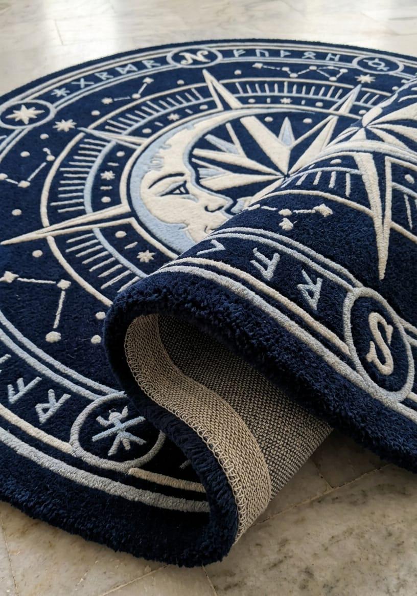 Hand Tufted New Zealand Wool Celestial Compass Rug, Moon Stars Astrology Living Room Decor Rug
