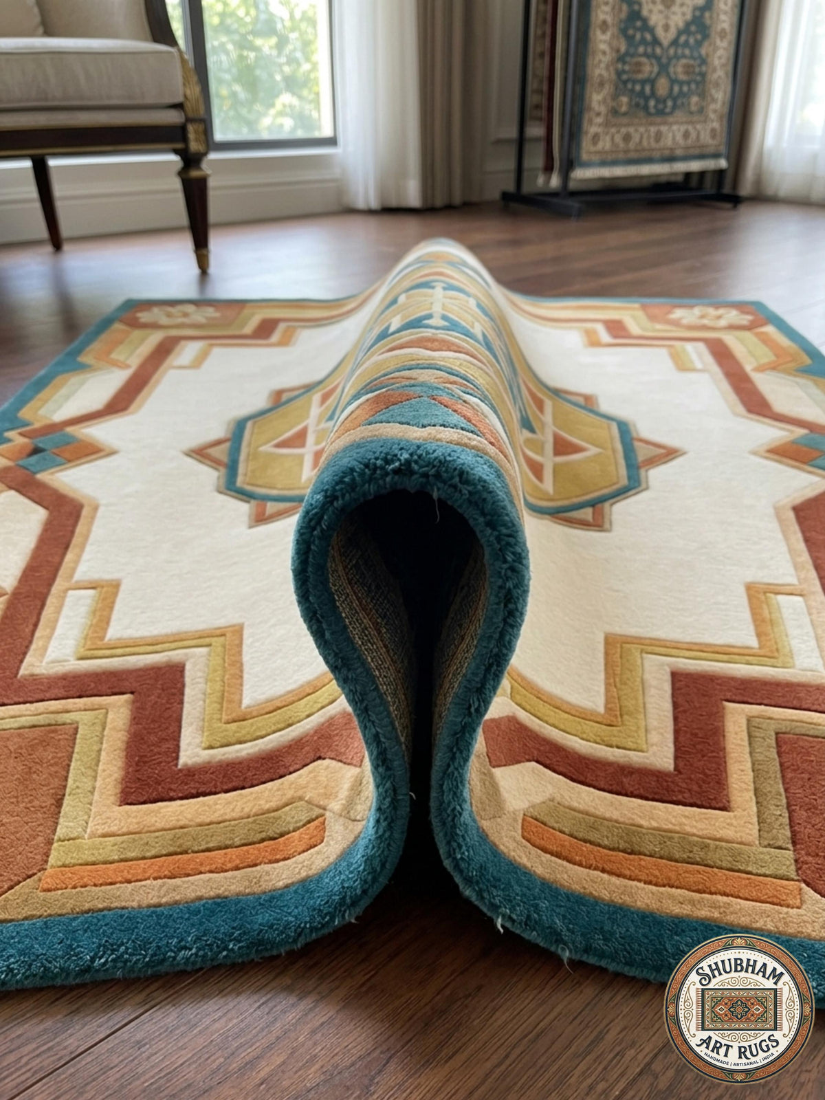 Hand Tufted Wool Rug, Persian Geometric Oushak Carpet, Living Room Area Rug