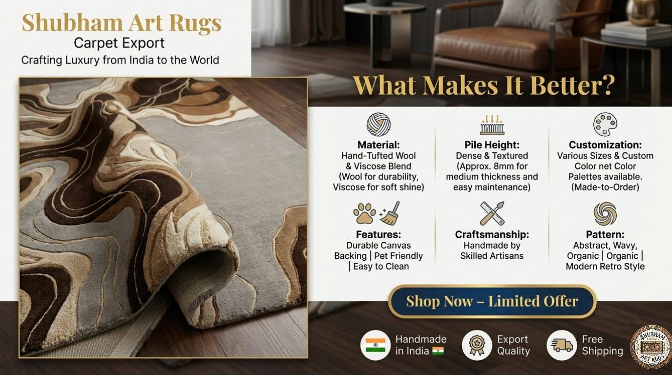 Hand Tufted Wool Abstract Rug: Modern Wavy Design, Neutral Brown Grey Carpet