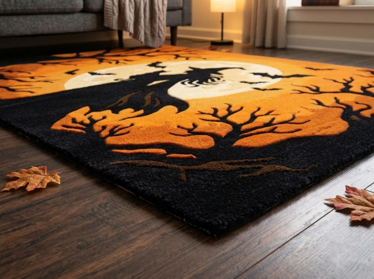 Halloween Witch Rug, Hand Tufted New Zealand Wool Rug, Gothic Orange Moon Bat Carpet, Spooky Fall Decor, Halloween Living Room Rug