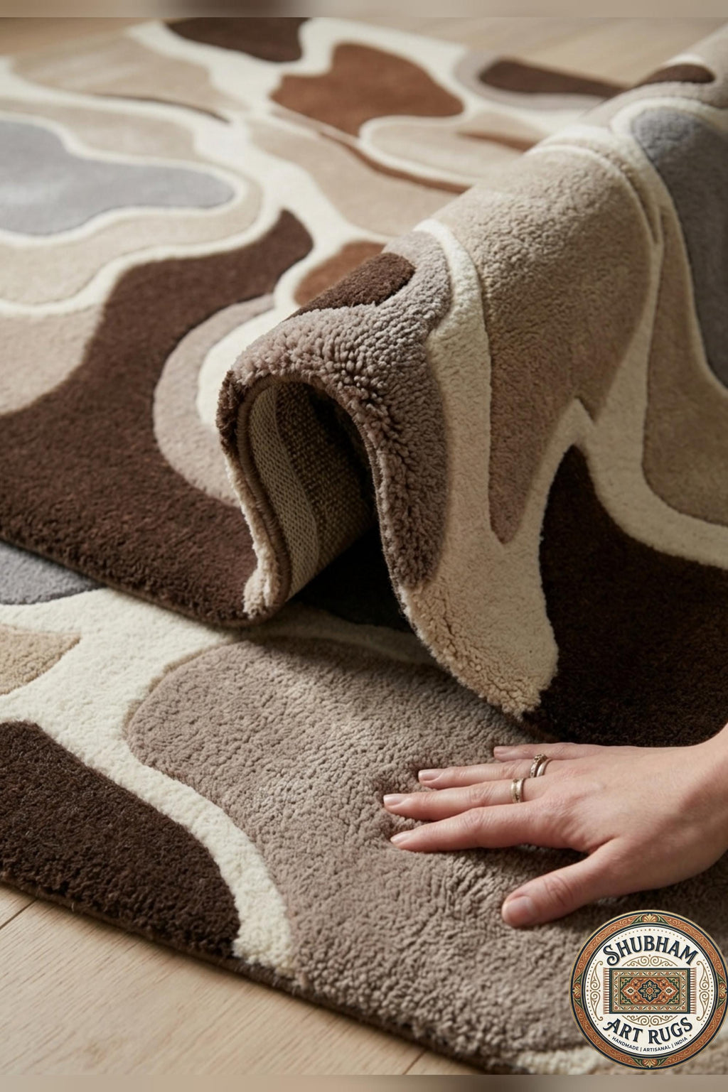 Hand Tufted Wool Rug, Abstract Organic Modern Area Carpet, Brown Beige Home Decor