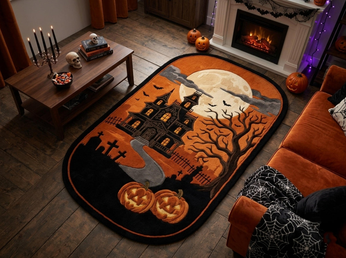 Hand Tufted New Zealand Wool Halloween Rug, Haunted House, Gothic Pumpkin Area Rug