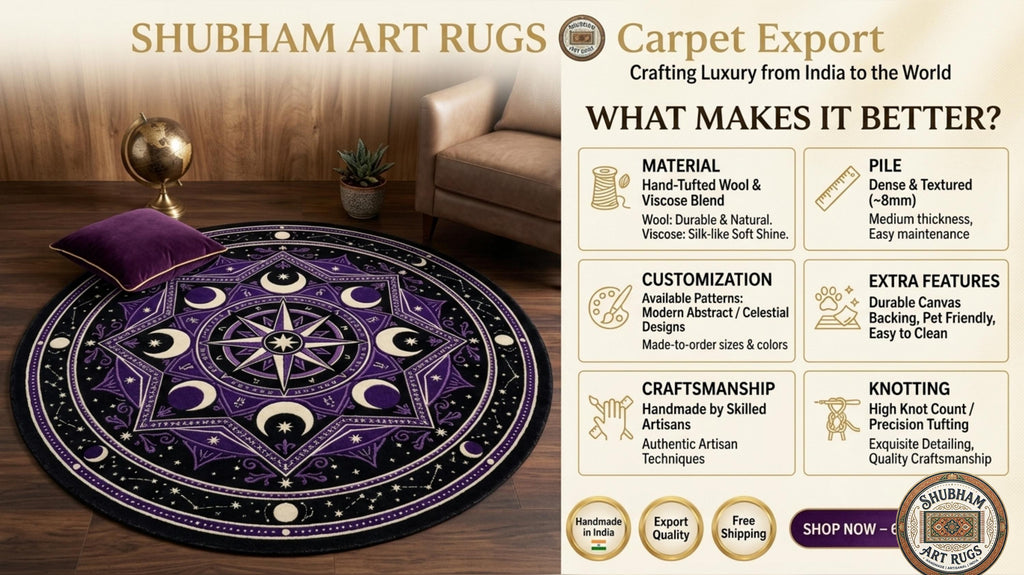 Hand Tufted Wool Celestial Rug, Purple Moon Star Carpet, Gothic Astrology Round Area Rug