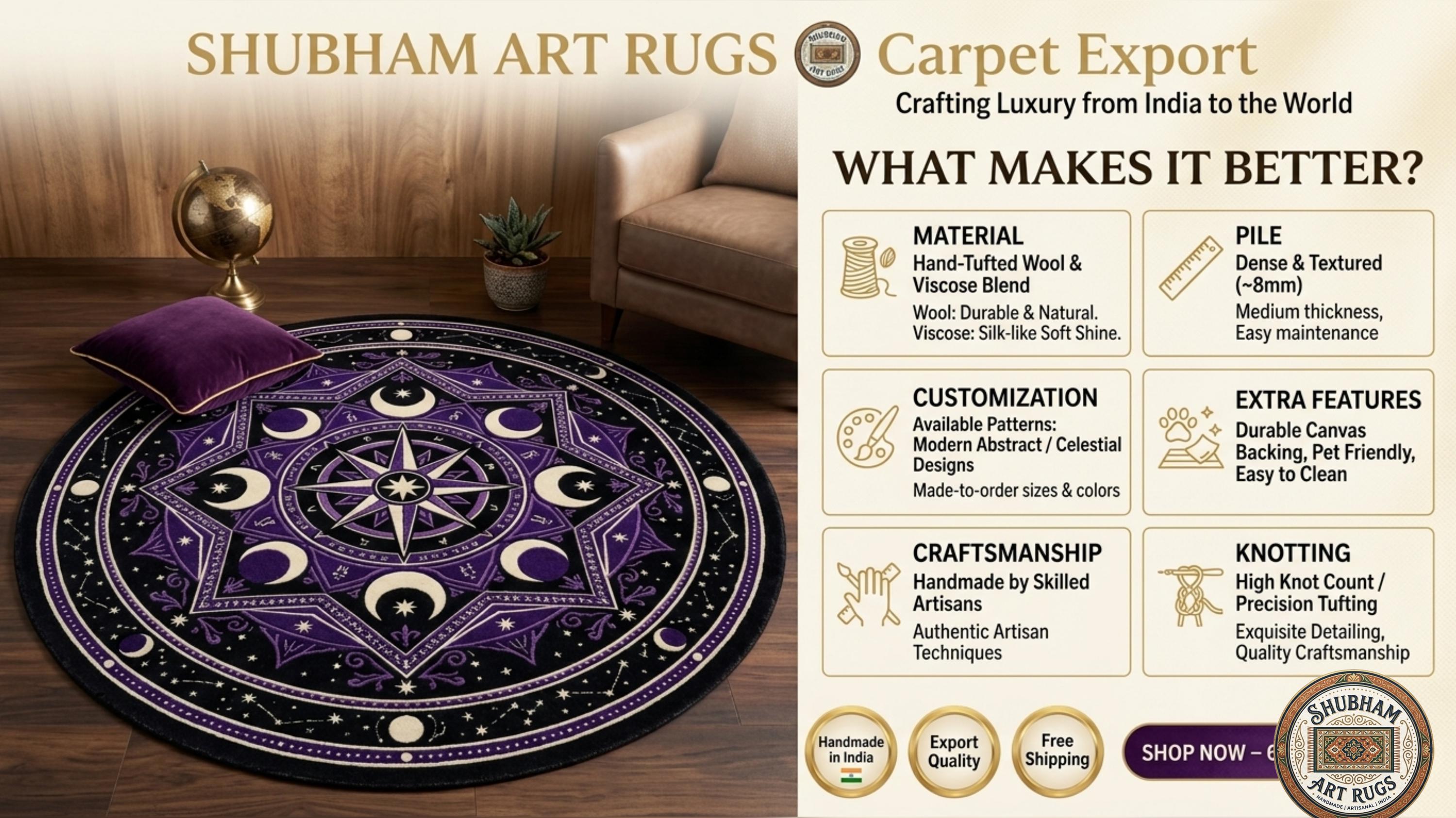 Hand Tufted Wool Celestial Rug, Purple Moon Star Carpet, Gothic Astrology Round Area Rug