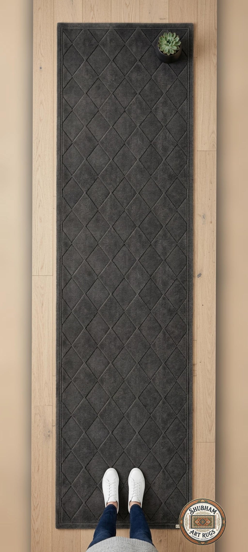 Hand Tufted Wool Rug: Dark Grey Geometric Diamond, Modern Minimalist Area Carpet