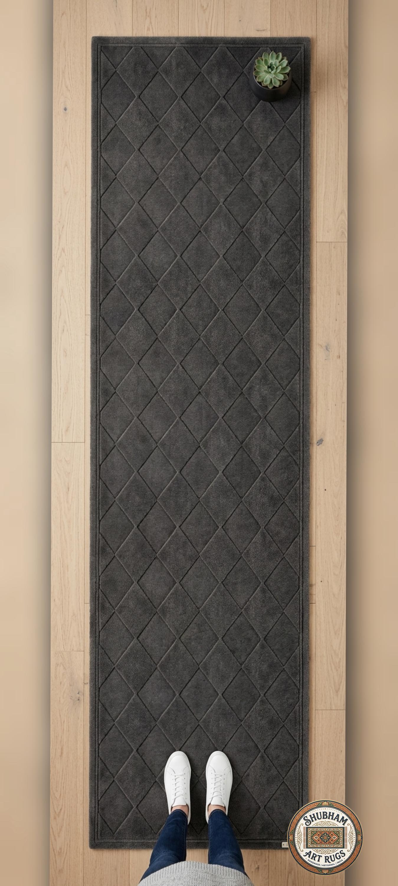 Hand Tufted Wool Rug: Dark Grey Geometric Diamond, Modern Minimalist Area Carpet