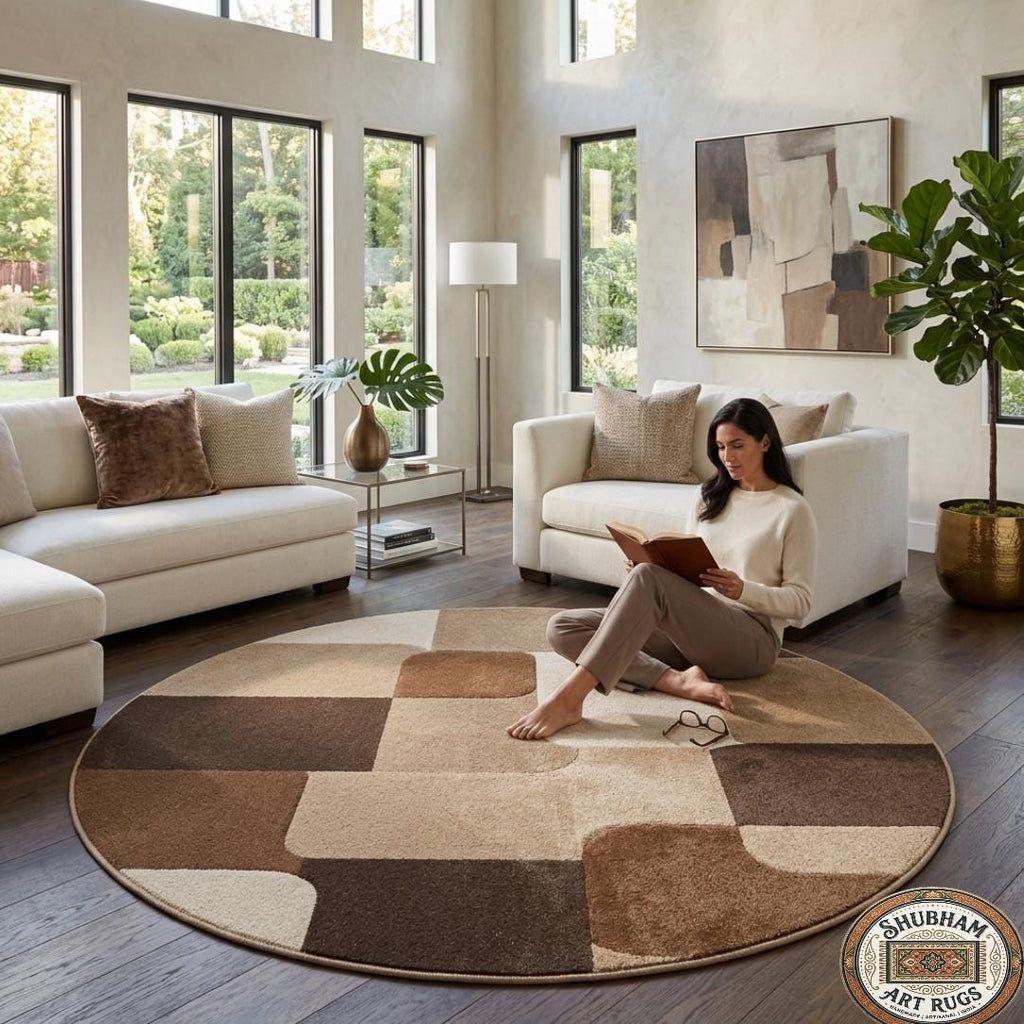 Hand Tufted Wool Area Rug, Modern Geometric Abstract Carpet, Beige Brown Living Room Rug