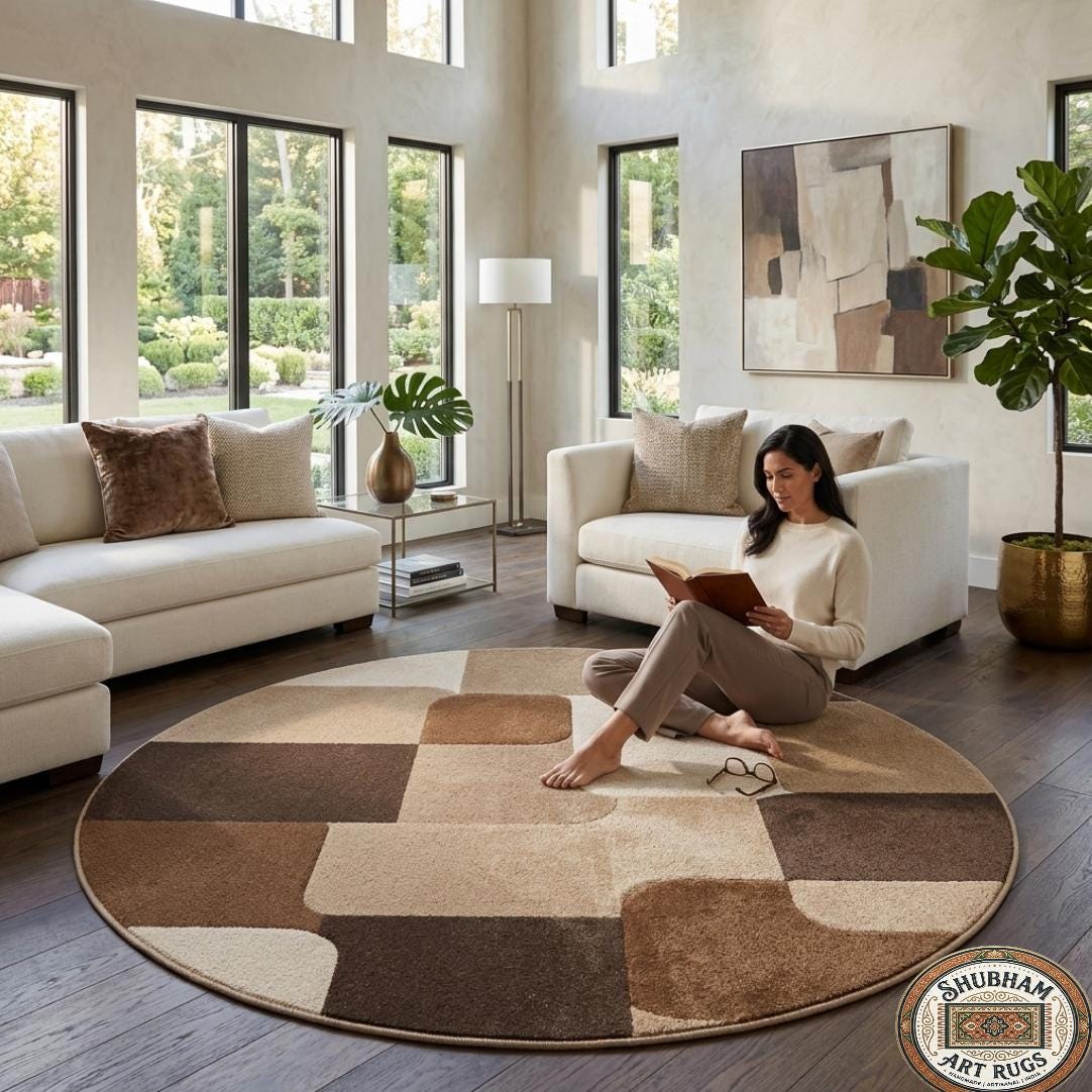 Hand Tufted Wool Area Rug, Modern Geometric Abstract Carpet, Beige Brown Living Room Rug