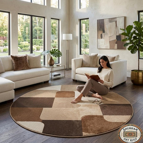 Hand Tufted Wool Area Rug, Modern Geometric Abstract Carpet, Beige Brown Living Room Rug