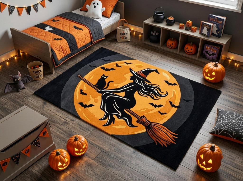 Hand Tufted Halloween Witch Rug, New Zealand Wool Area Rug, Black Orange Fall Decor, Cozy Gothic Home Bedroom Living Room Carpet Accent