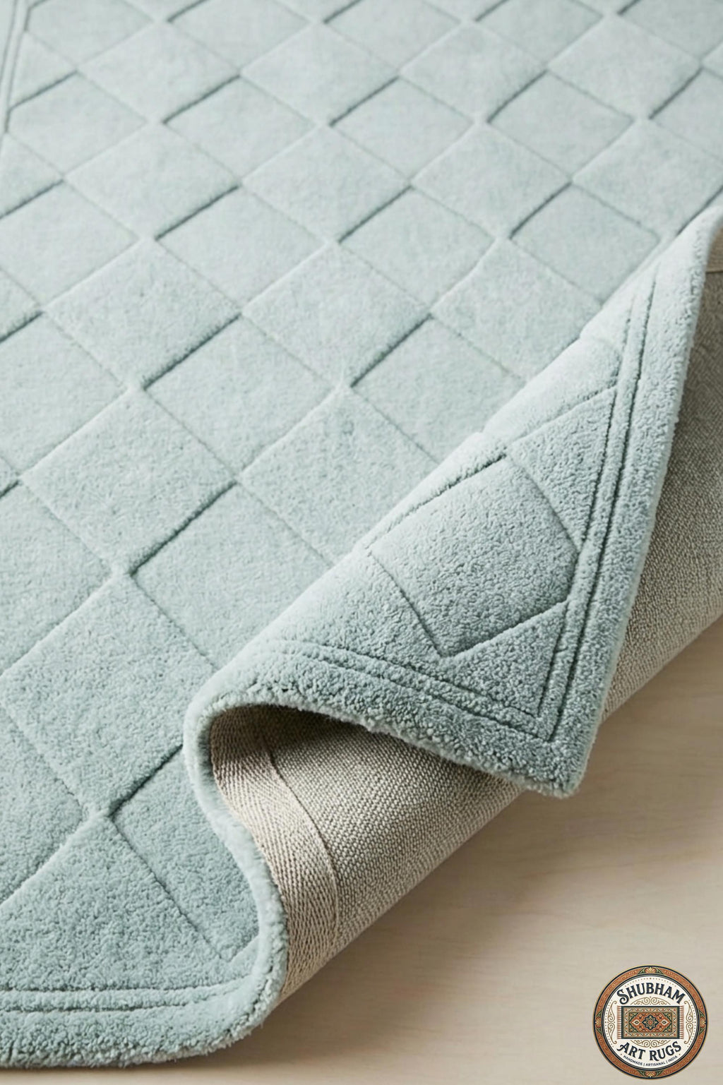 Alfombra de Lana Azul de Tufting Manual Geométrico – Tapete Moderno Minimalista para Sala de Estar