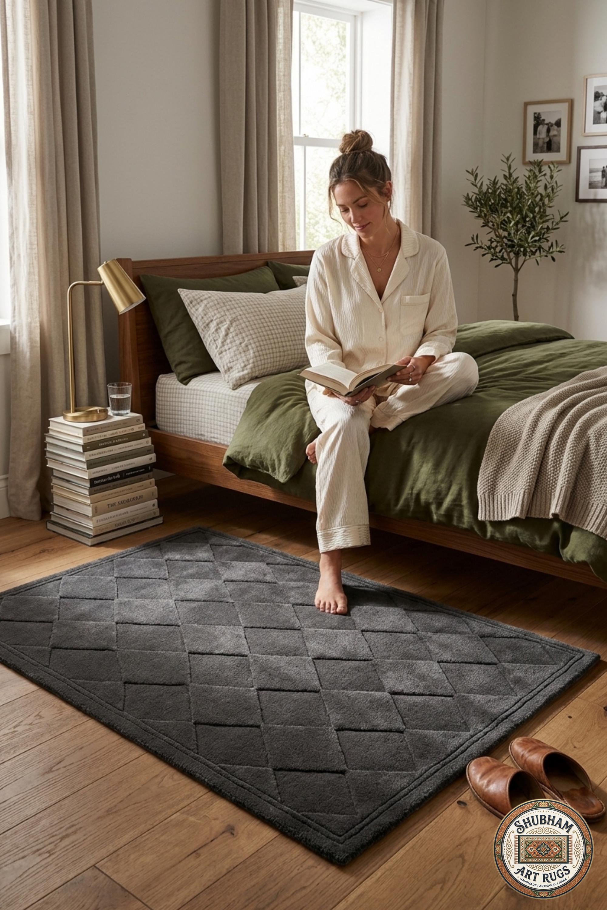 Hand Tufted Wool Rug: Dark Grey Geometric Diamond, Modern Minimalist Area Carpet