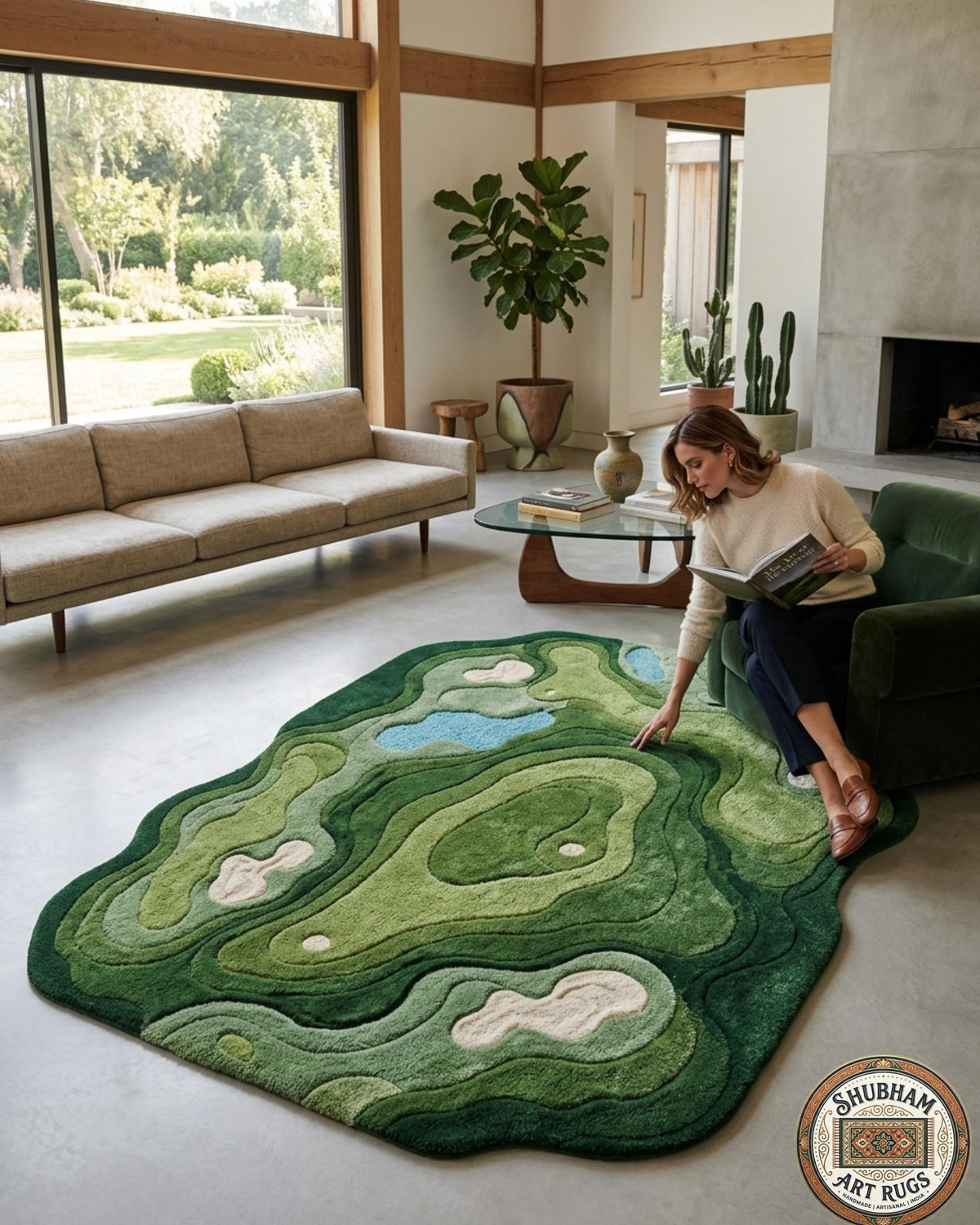 Hand Tufted Wool Rug, Organic Abstract Green Modern Area Carpet, Luxury Designer Home Decor