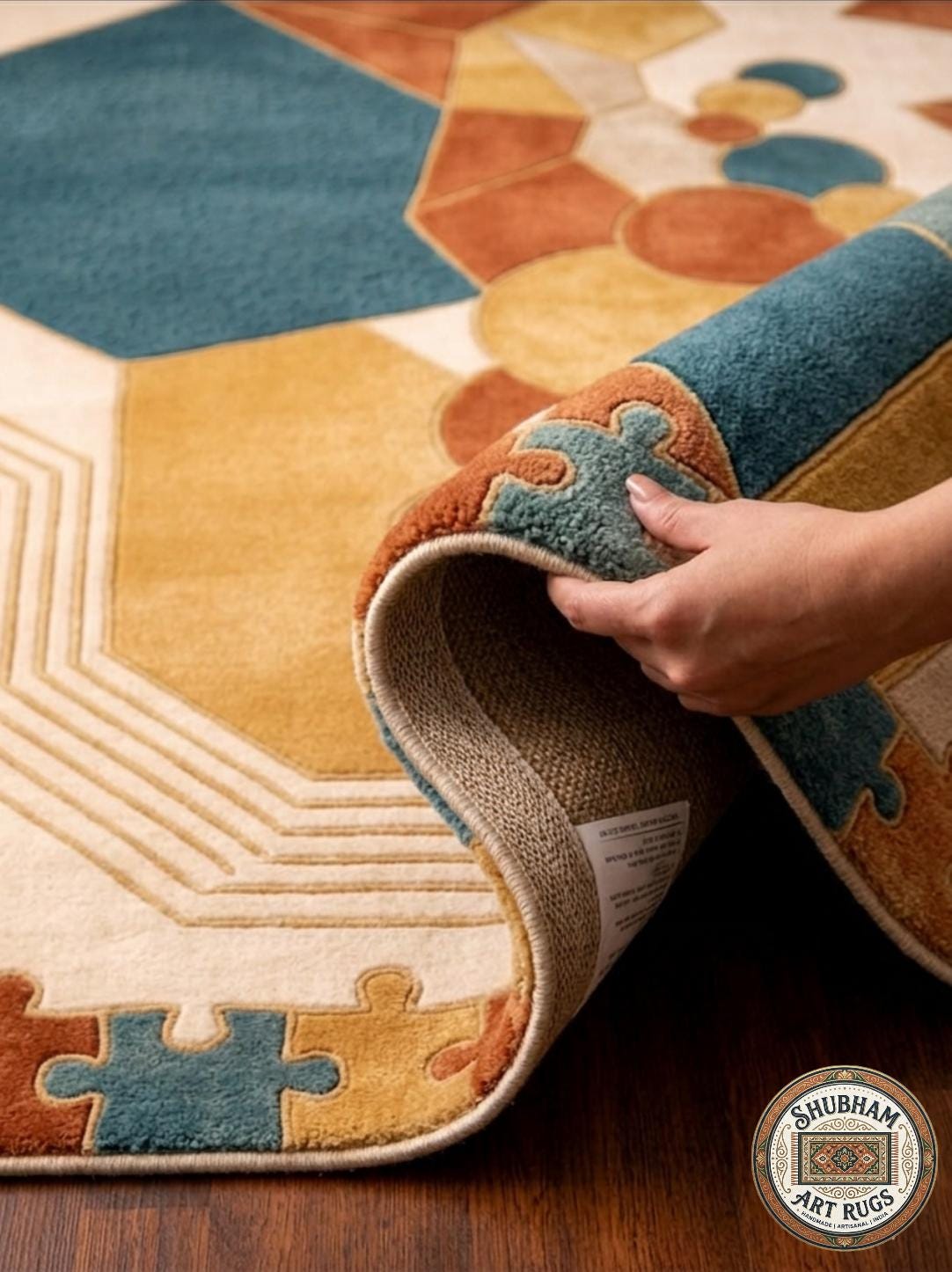 Hand Tufted Wool Rug, Abstract Geometric Puzzle Design, Modern Boho Carpet