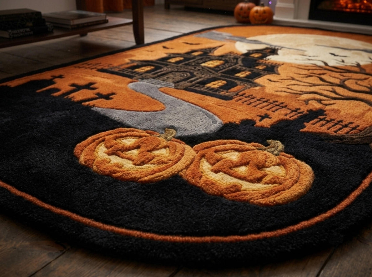 Hand Tufted New Zealand Wool Halloween Rug, Haunted House, Gothic Pumpkin Area Rug