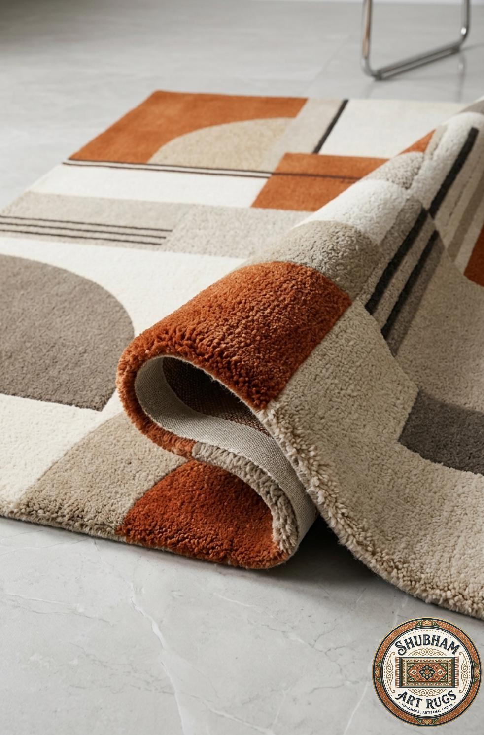 Hand Tufted Wool Rug, Geometric Mid Century Abstract Carpet, Neutral Living Room Area Rug