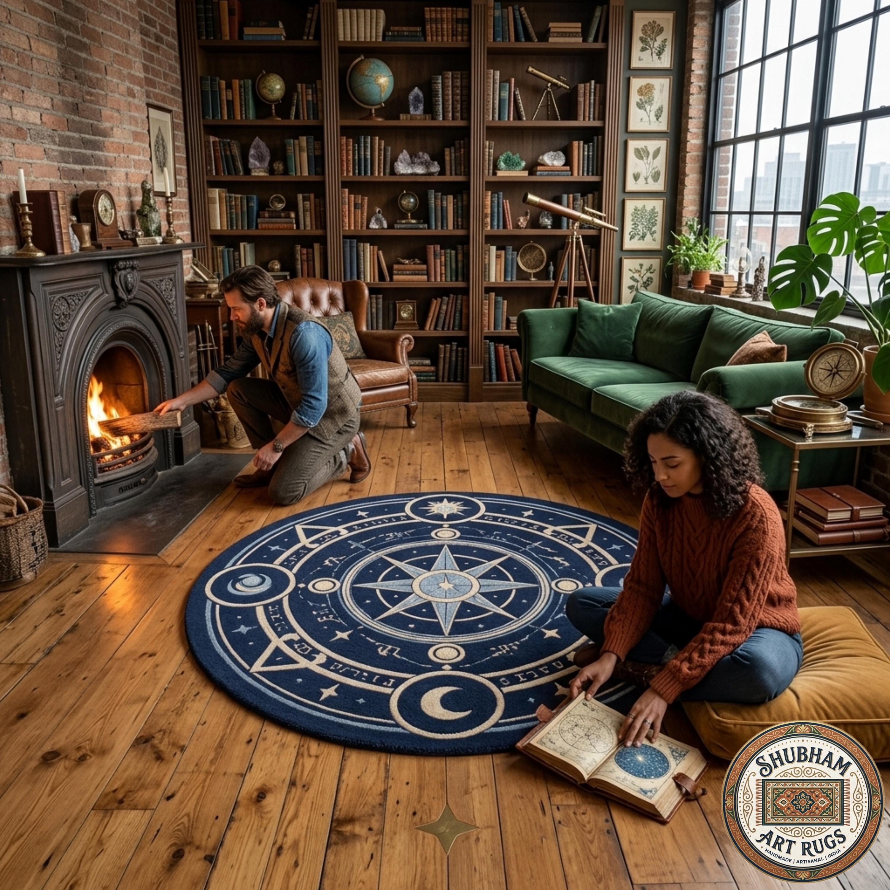 Hand Tufted Wool Celestial Rug, Magic Circle Round Carpet, Astrology Star Navy Blue