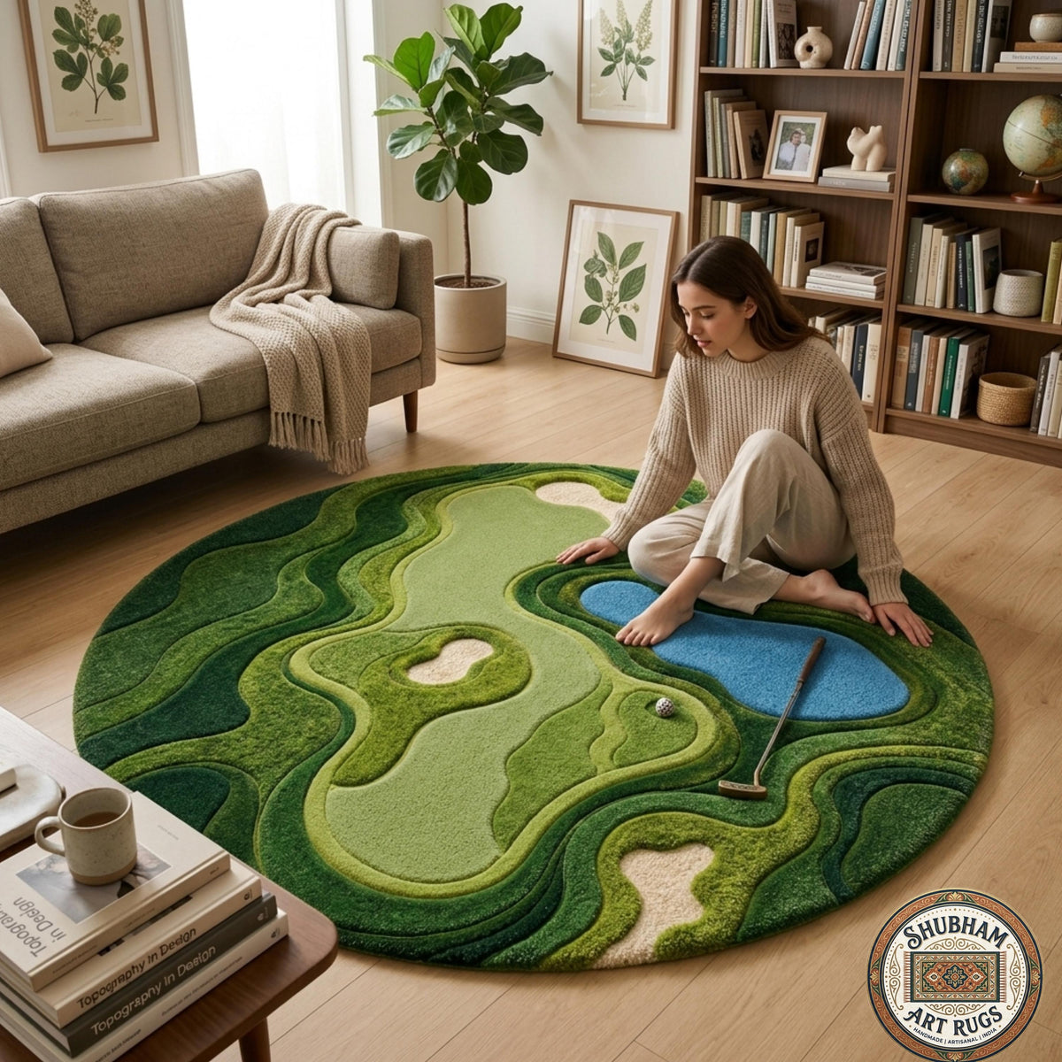 Hand Tufted Wool Golf Course Rug, Abstract Green Area Carpet, Modern Living Room Decor