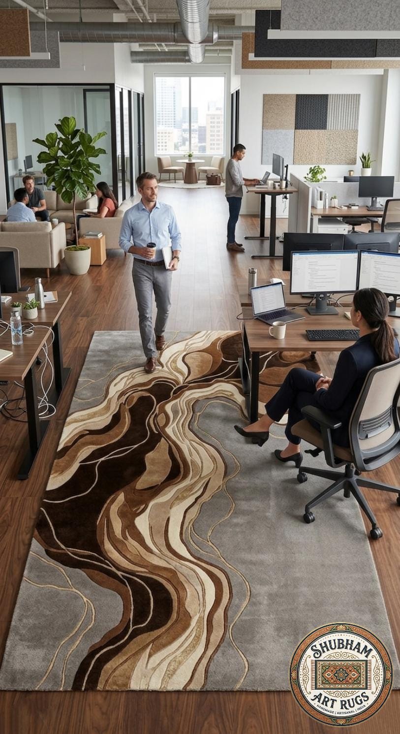 Hand Tufted Wool Abstract Rug: Modern Wavy Design, Neutral Brown Grey Carpet