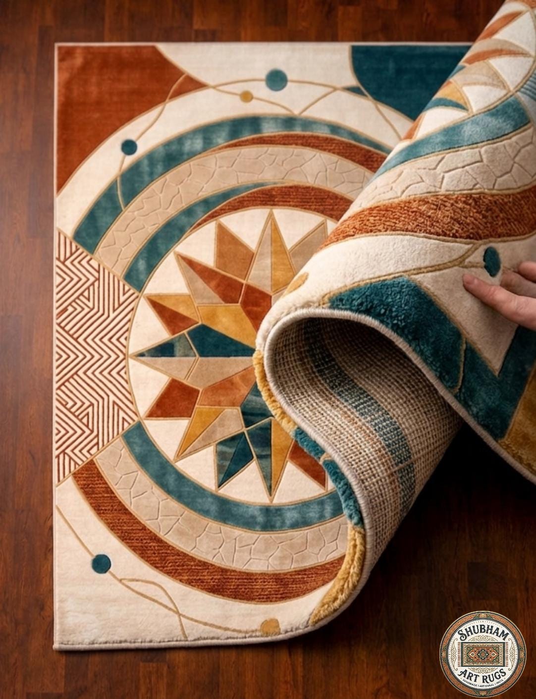 Hand Tufted Wool Rug, Geometric Compass Design, Modern Boho Living Room Carpet