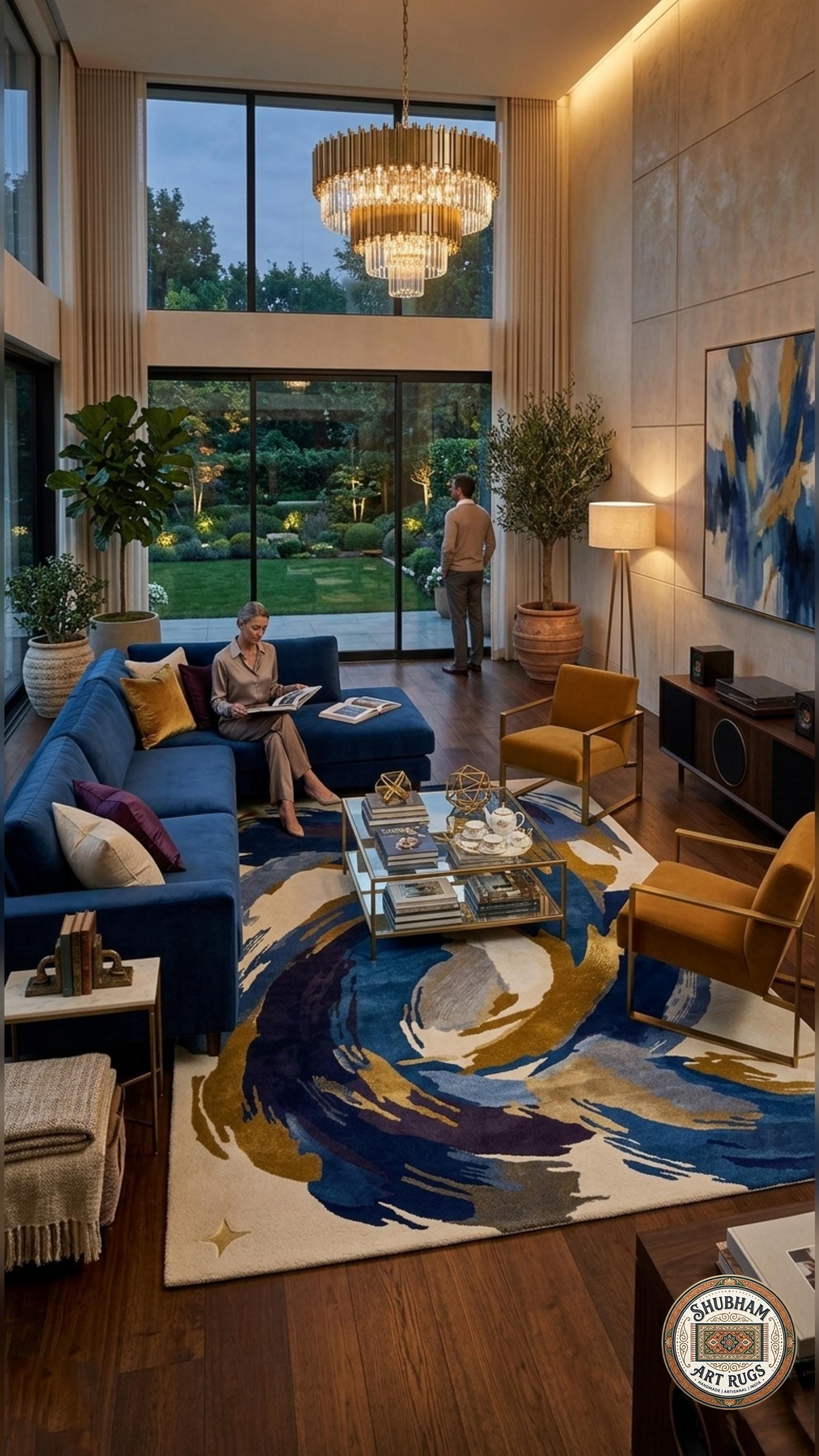 Abstract Blue Gold Wool Rug, Hand Tufted Modern Area Carpet, Custom Size