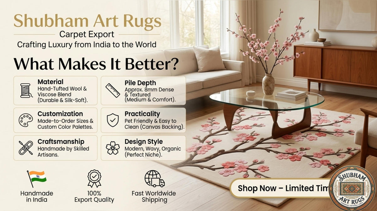 Hand Tufted Wool Cherry Blossom Rug, Floral Sakura Carpet, Shubham Art Rugs