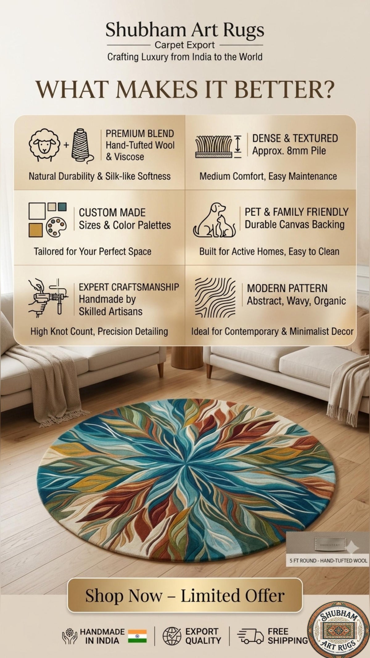Hand Tufted Wool Leaf Rug, Organic Modern Area Carpet, Living Room Decor