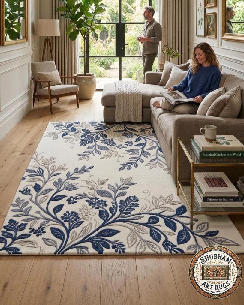Hand Tufted Wool Botanical Rug, Blue Floral Area Carpet, Farmhouse Living Room Decor
