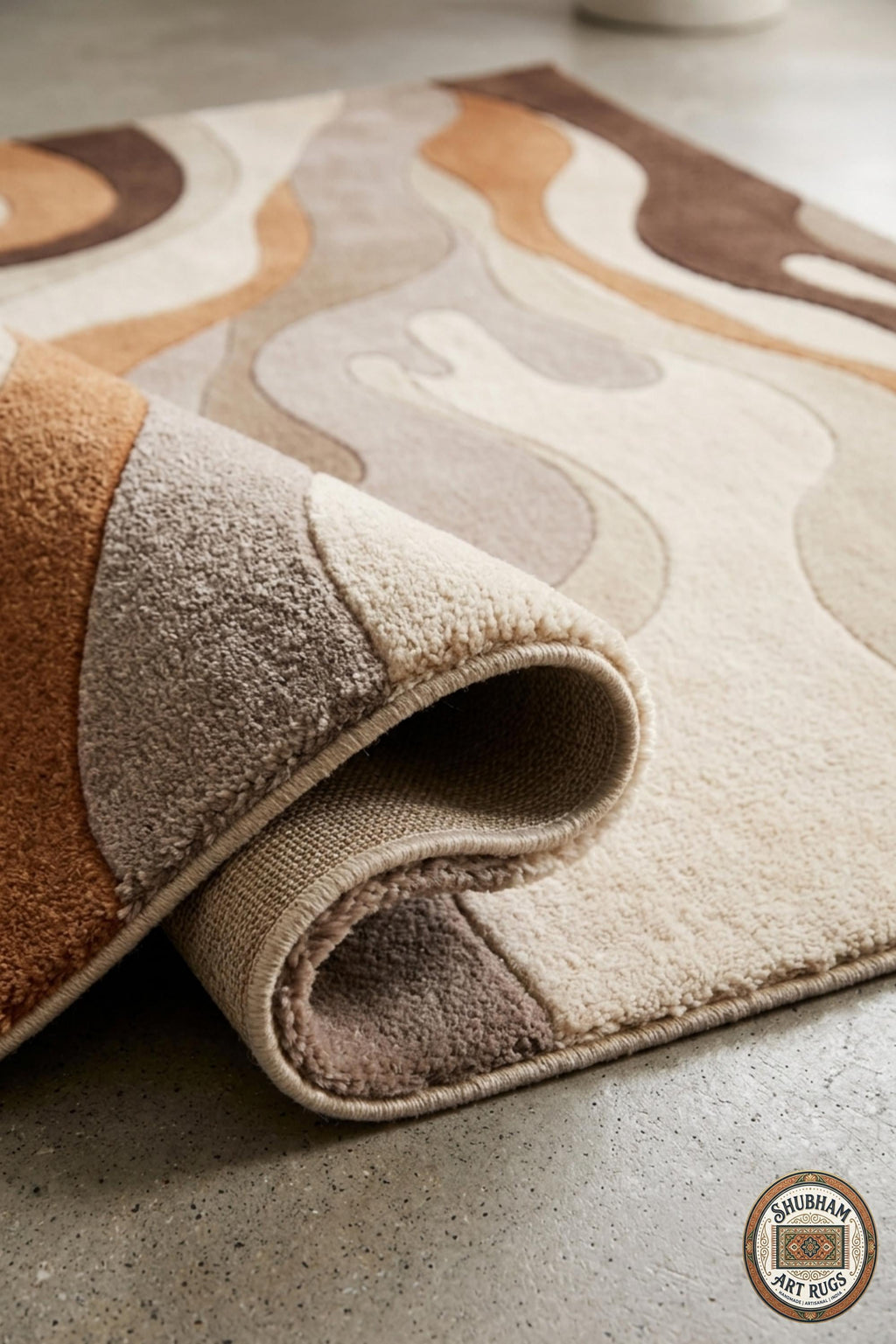 Abstract Wavy Wool Rug, Modern Neutral Beige Brown Carpet, Custom Area Rug