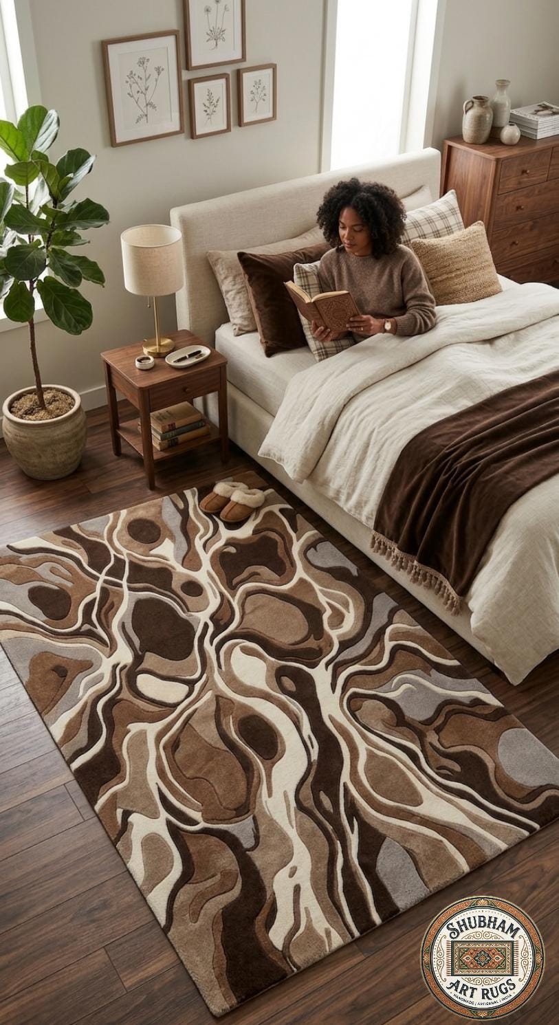 Hand Tufted Wool Rug, Abstract Brown Runner, Modern Organic Carpet, Neutral Beige Area Rug