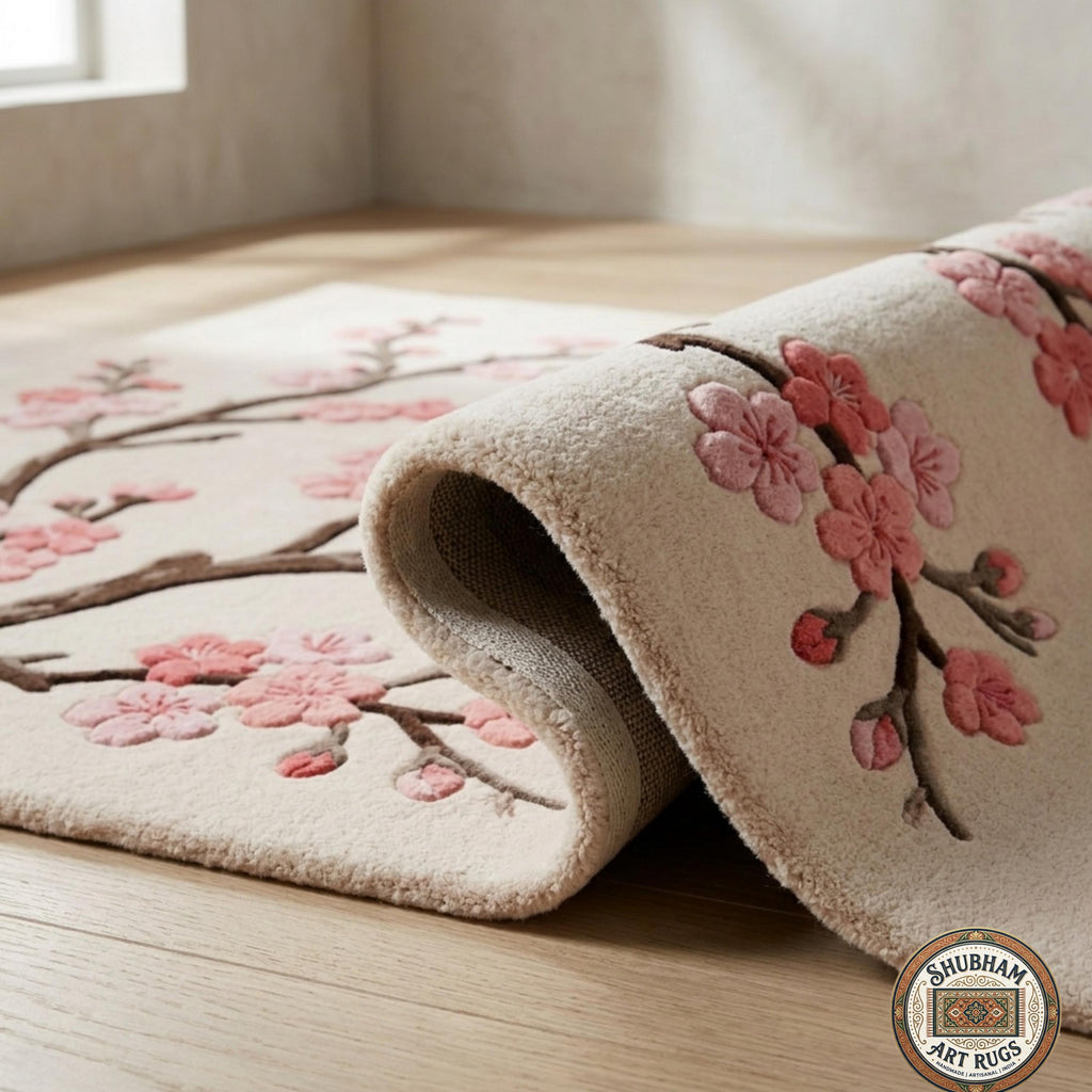 Hand Tufted Wool Cherry Blossom Rug, Floral Sakura Carpet, Shubham Art Rugs