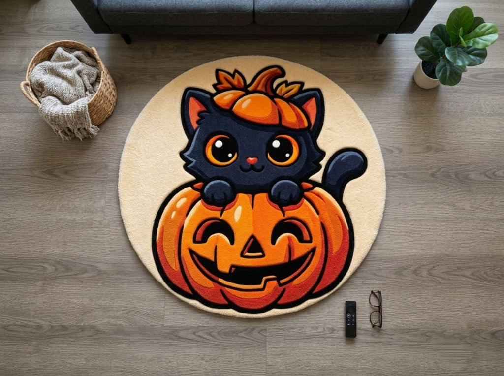 Hand Tufted Halloween Cat Pumpkin Rug, New Zealand Wool Autumn Decor