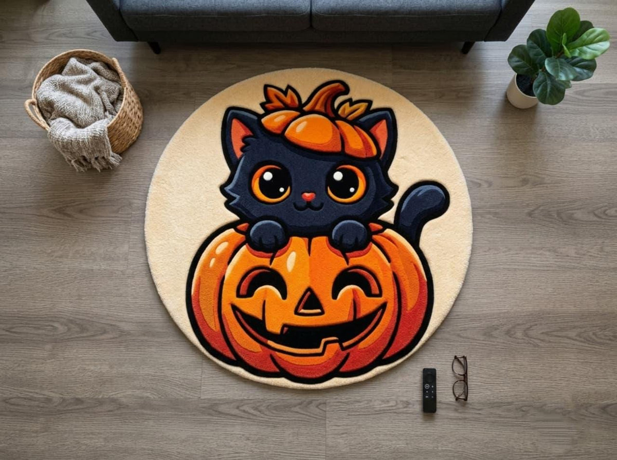 Hand Tufted Halloween Cat Pumpkin Rug, New Zealand Wool Autumn Decor
