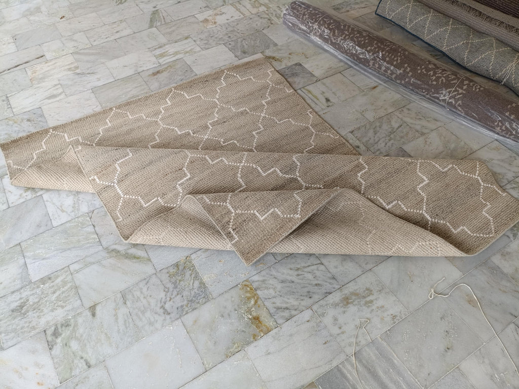 Hand Knotted Wool Rug, Beige Geometric Moroccan Style Living Room Carpet