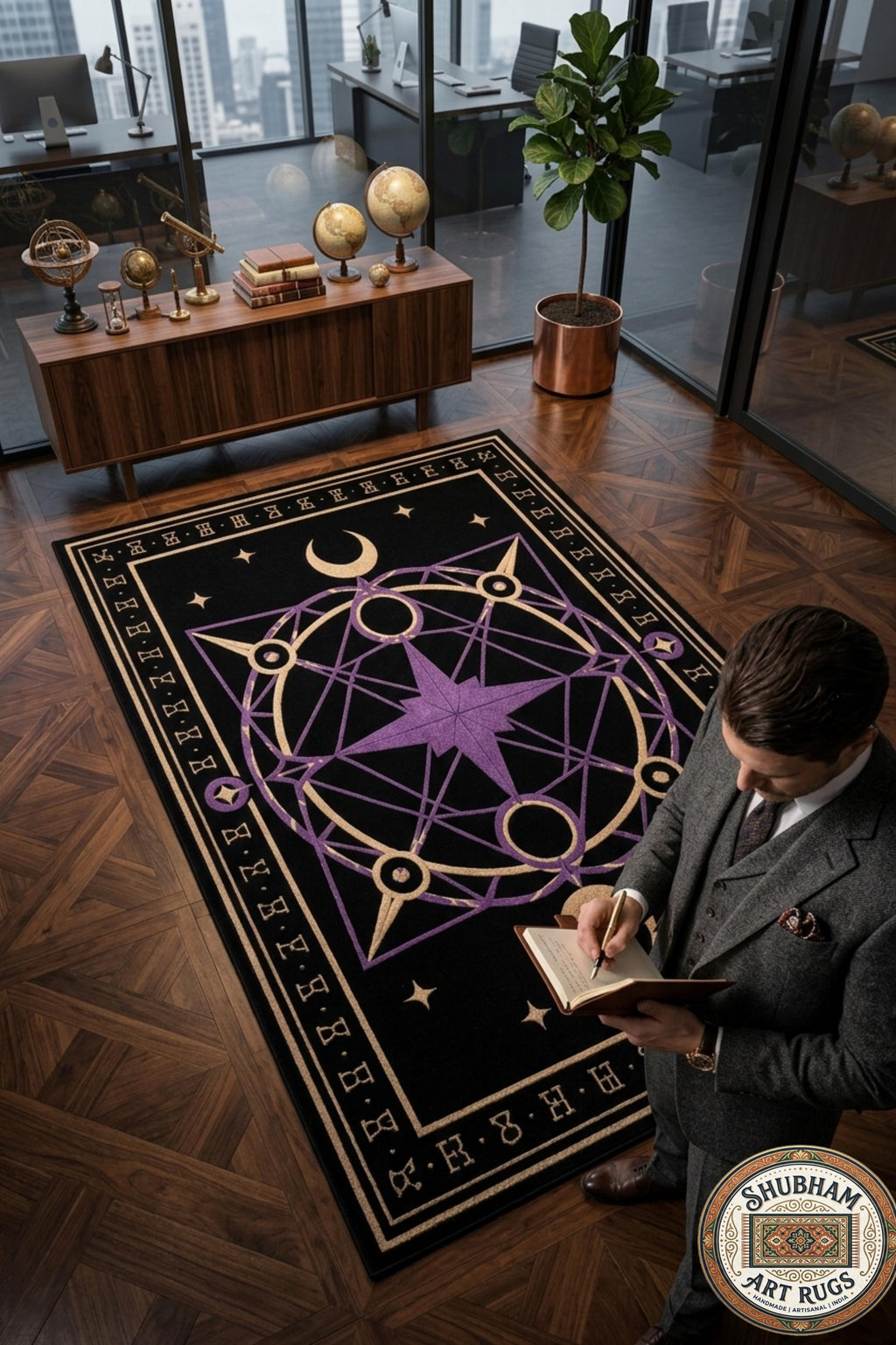 Hand Tufted Wool Celestial Magic Circle Rug, Purple Astrology Star Carpet, Witchy Decor