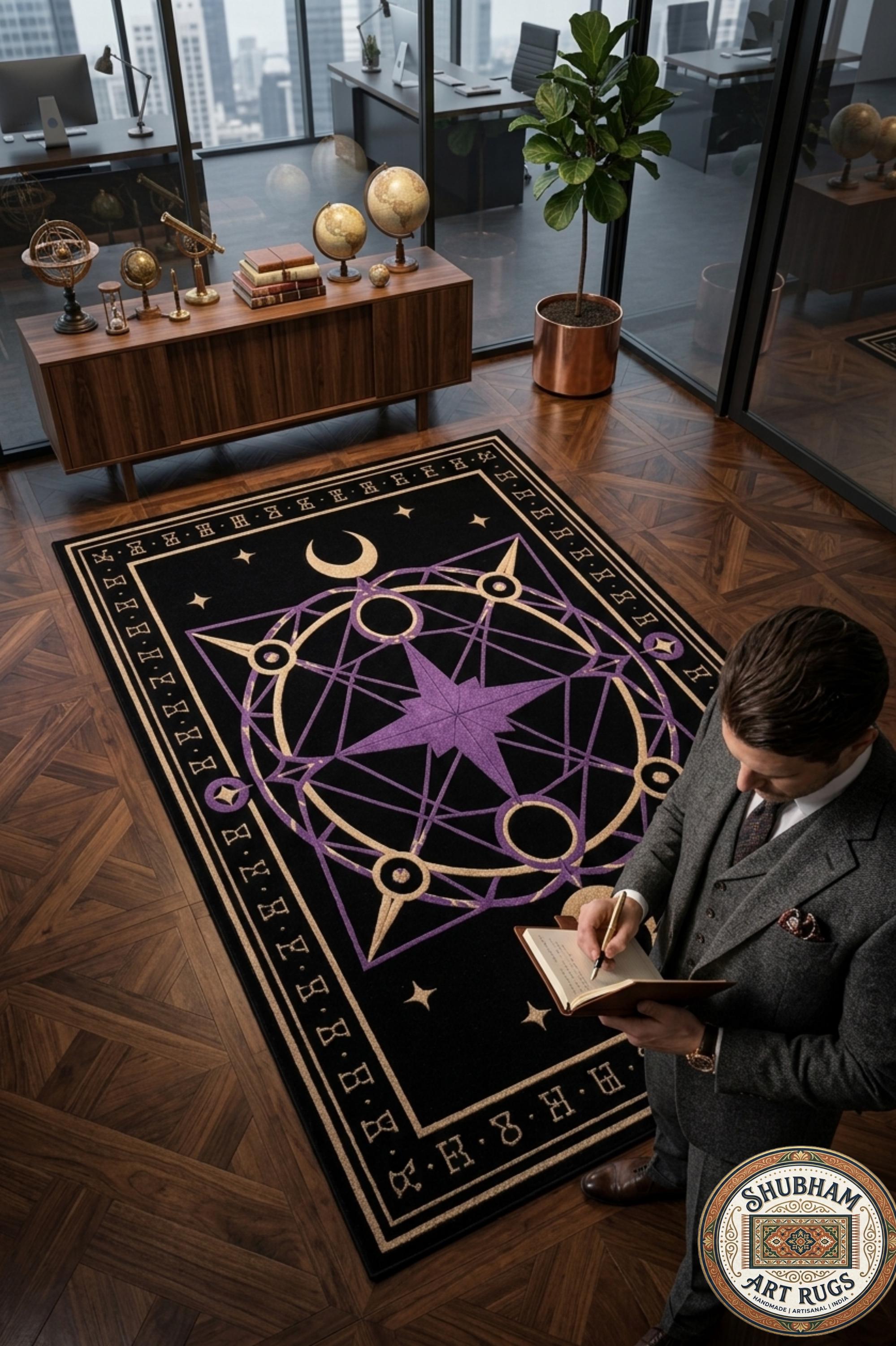 Hand Tufted Wool Celestial Magic Circle Rug, Purple Astrology Star Carpet, Witchy Decor
