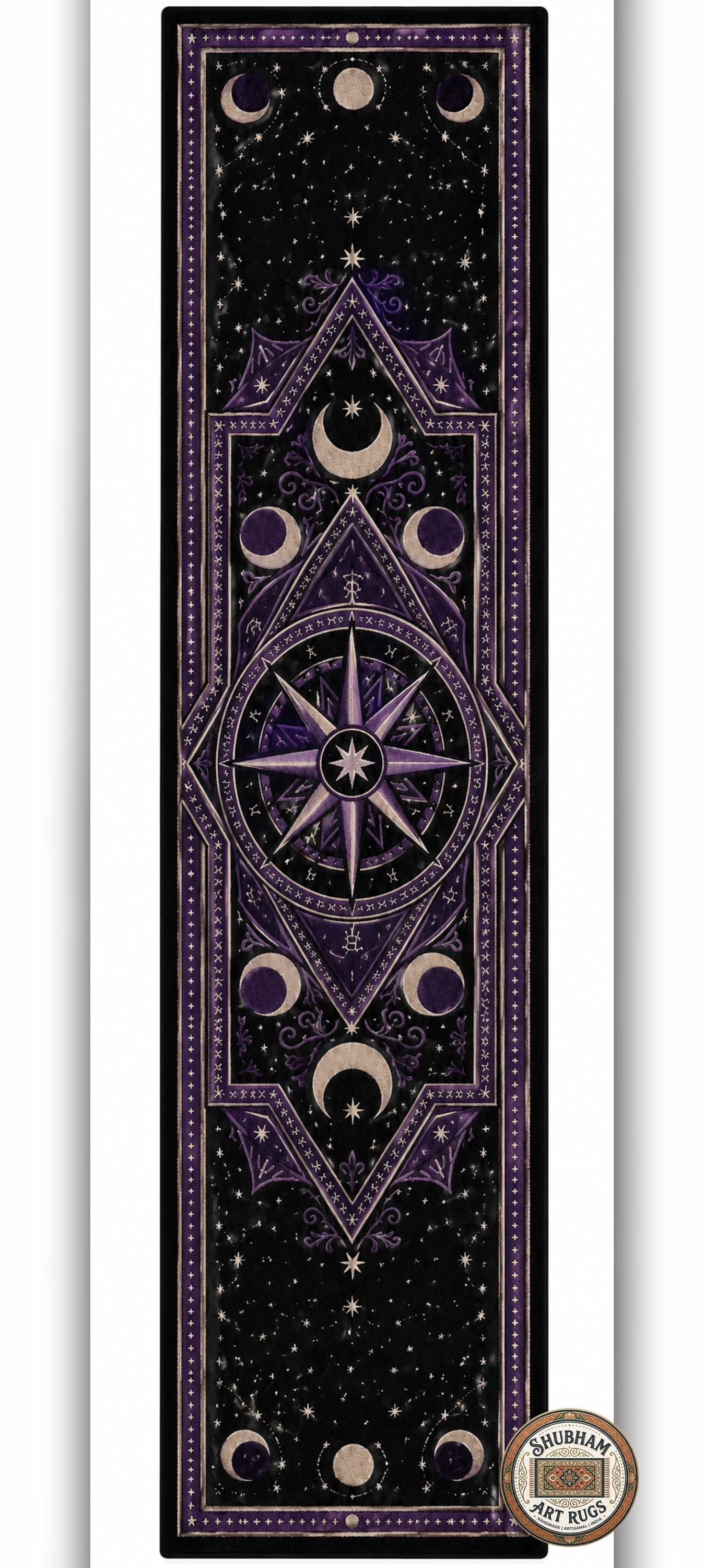 Hand Tufted Wool Celestial Rug, Purple Moon Star Carpet, Gothic Astrology Round Area Rug