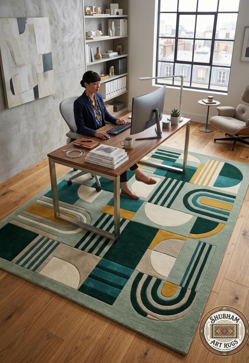 Sage Geometry Hand Tufted Wool Rug, Mid Century Modern Abstract Carpet