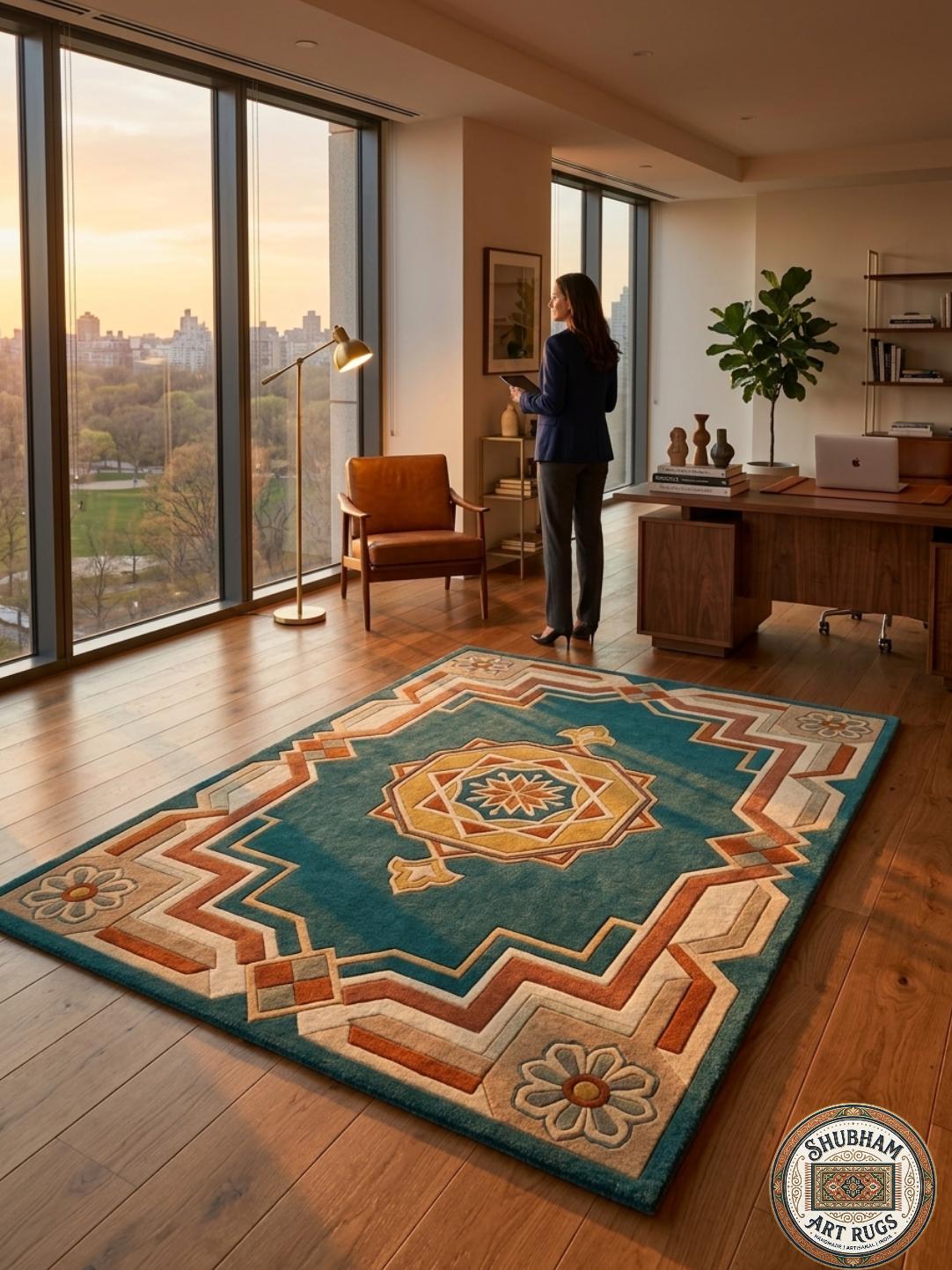 Teal Persian Medallion Wool Rug – Hand Tufted Geometric Living Room Carpet