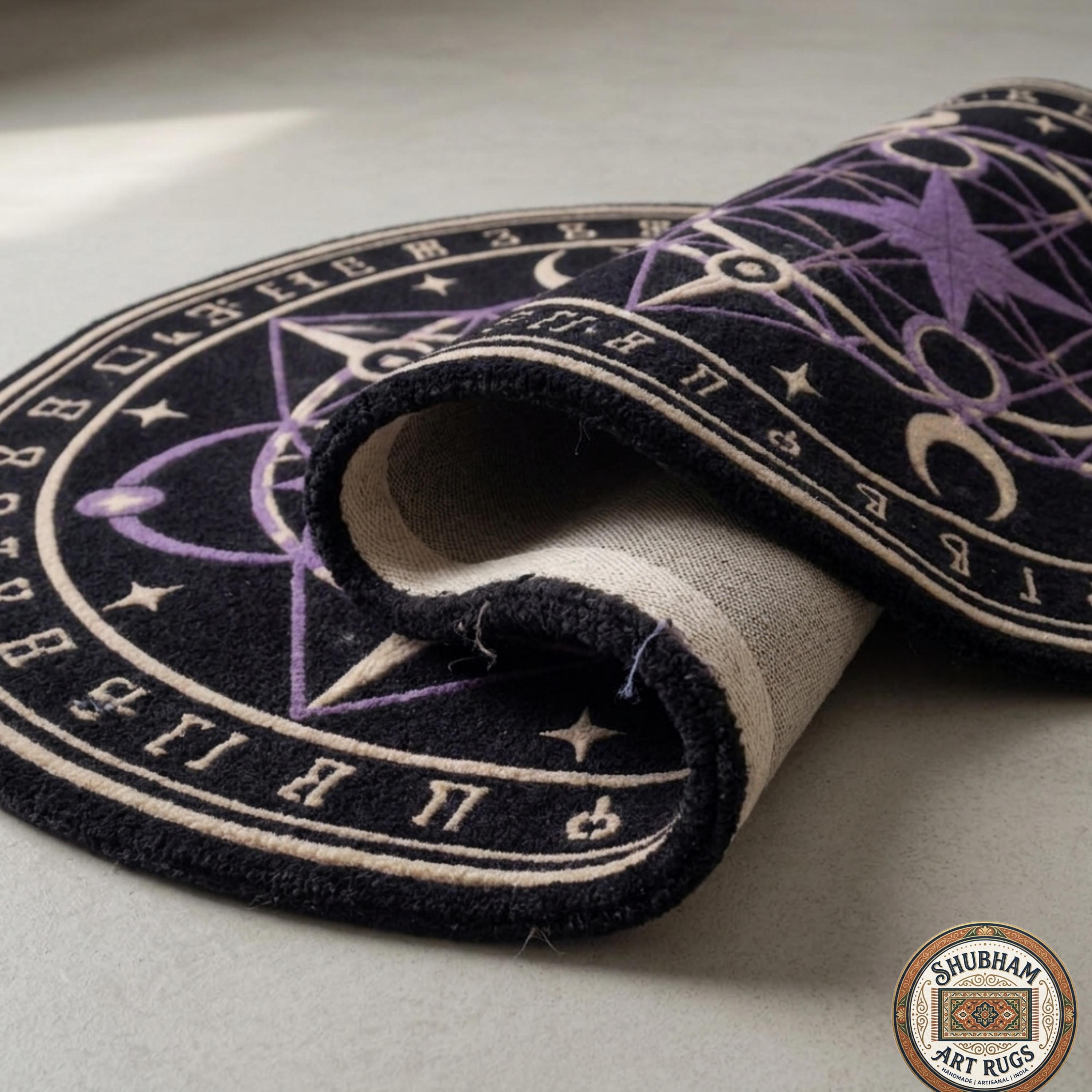 Hand Tufted Wool Celestial Magic Circle Rug, Purple Astrology Star Carpet, Witchy Decor