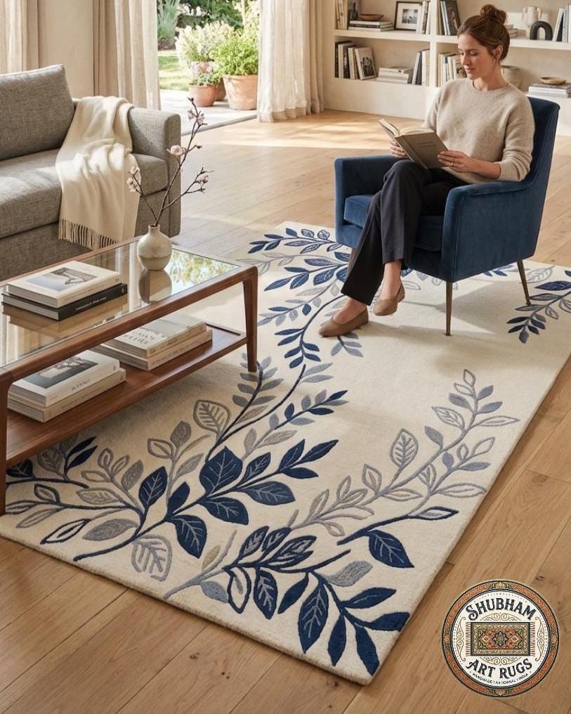 Blue Floral Hand Tufted Wool Rug, Botanical Area Carpet, Living Room Bedroom Home