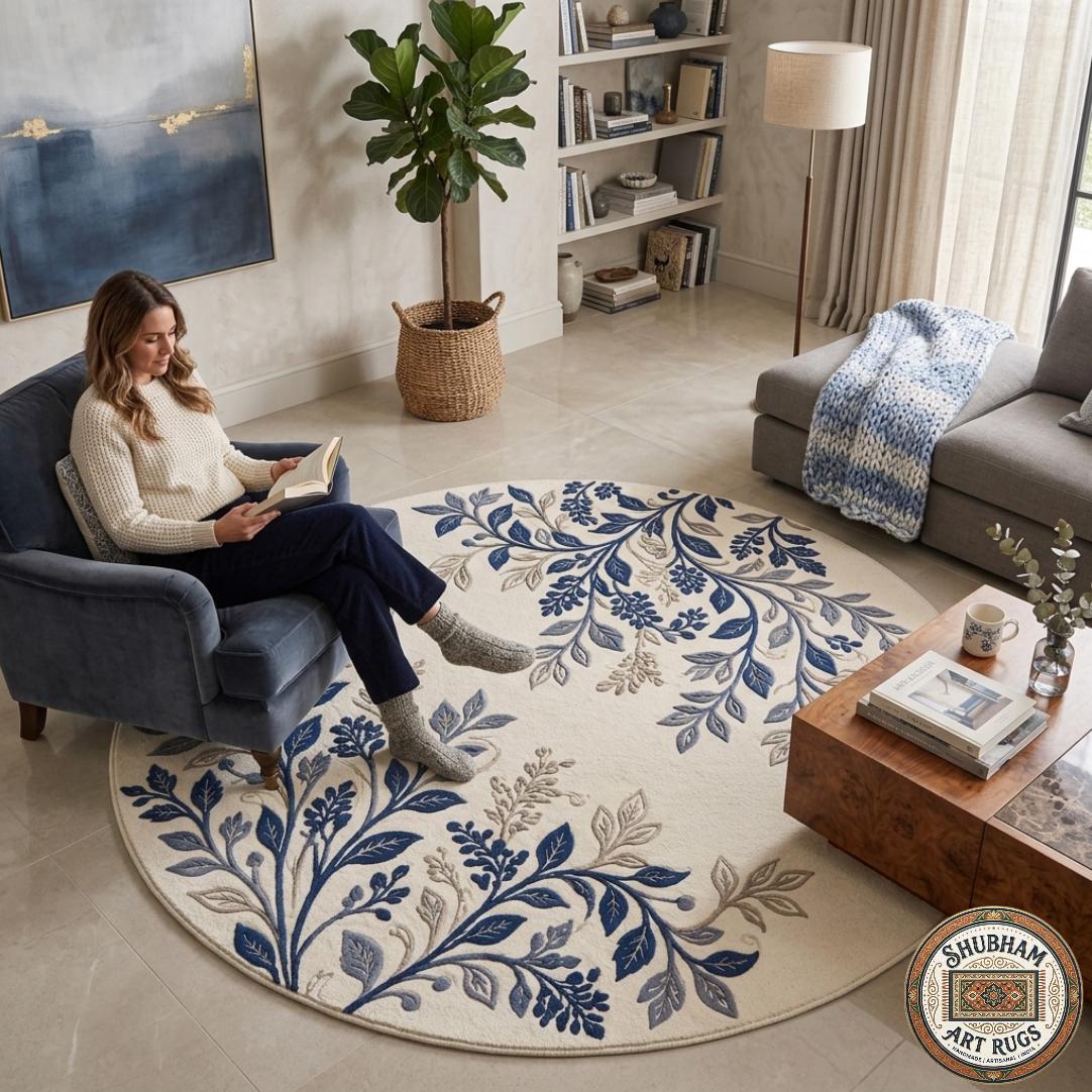 Blue Floral Hand Tufted Wool Rug, Botanical Area Carpet, Living Room Bedroom Home