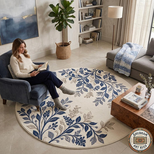 Blue Floral Hand Tufted Wool Rug, Botanical Area Carpet, Living Room Bedroom Home