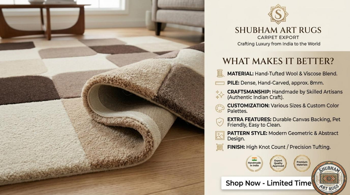 Hand Tufted Wool Runner Rug, Modern Geometric Hallway Carpet, Neutral Beige Brown, Indian Artistry