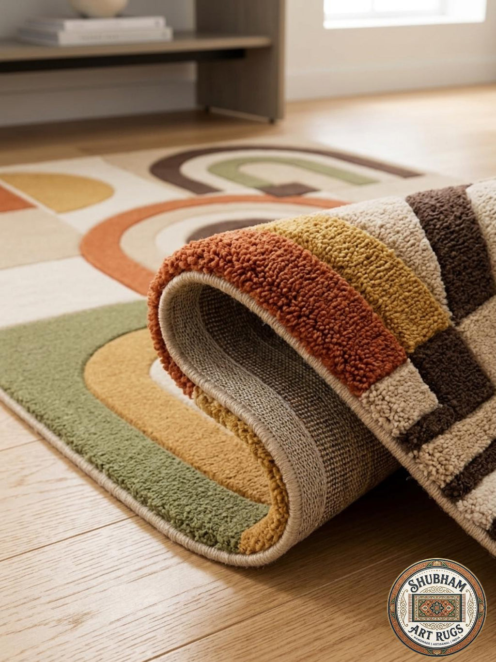 Hand Tufted Wool Rug, Retro Arch Geometric, Mid Century Modern Abstract Carpet