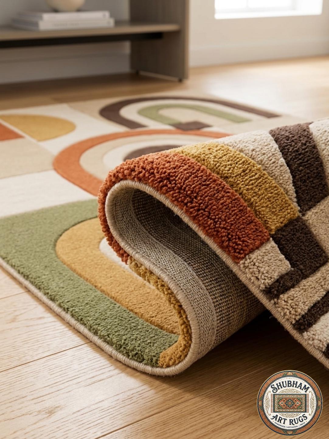 Hand Tufted Wool Rug, Retro Arch Geometric, Mid Century Modern Abstract Carpet