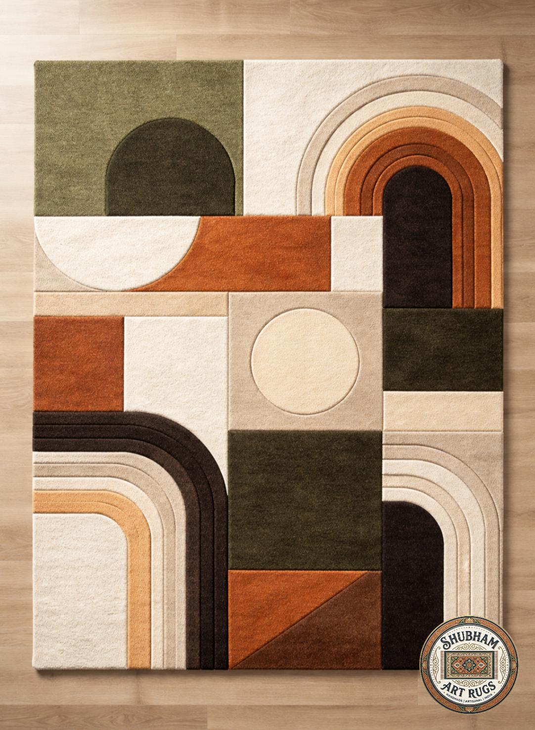 Hand Tufted Wool Abstract Rug, Geometric Boho Neutral Area Carpet