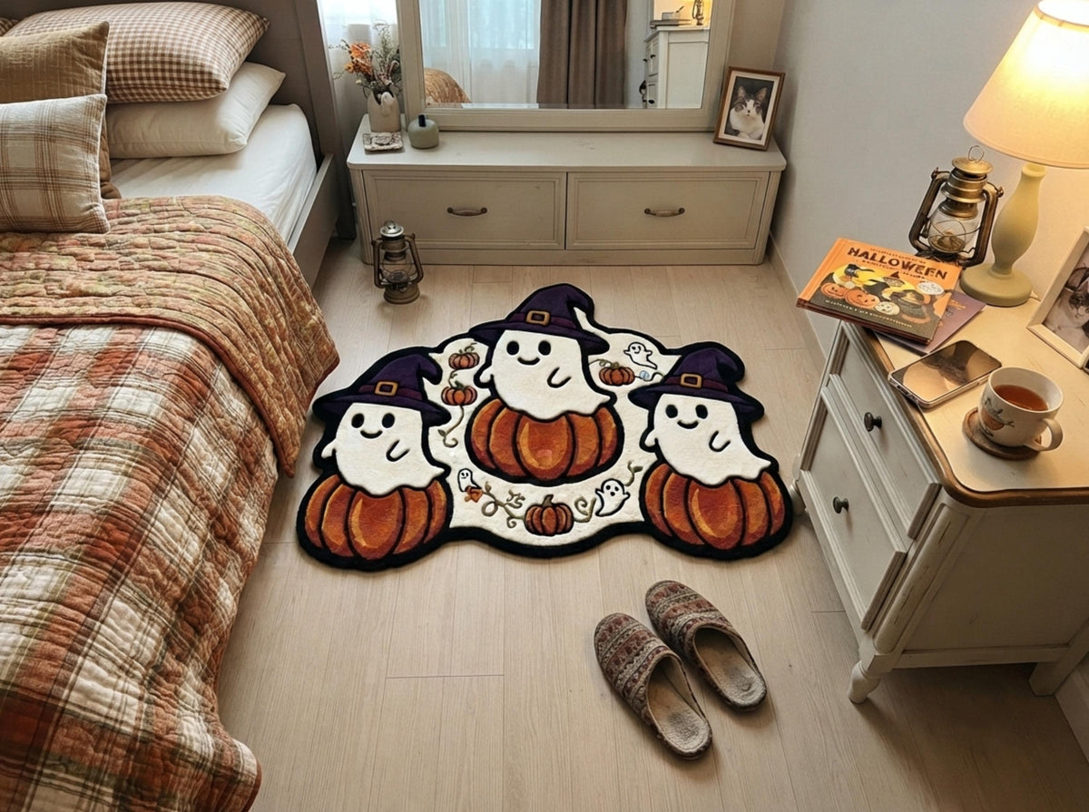 Hand Tufted New Zealand Wool Halloween Rug, Ghosts, Pumpkins, Witch Hats (Custom Shape)